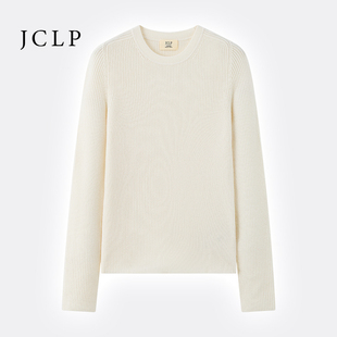 JCLP金纯良品 百搭圆领细坑条100%山羊绒针织修身打底羊绒衫毛衣