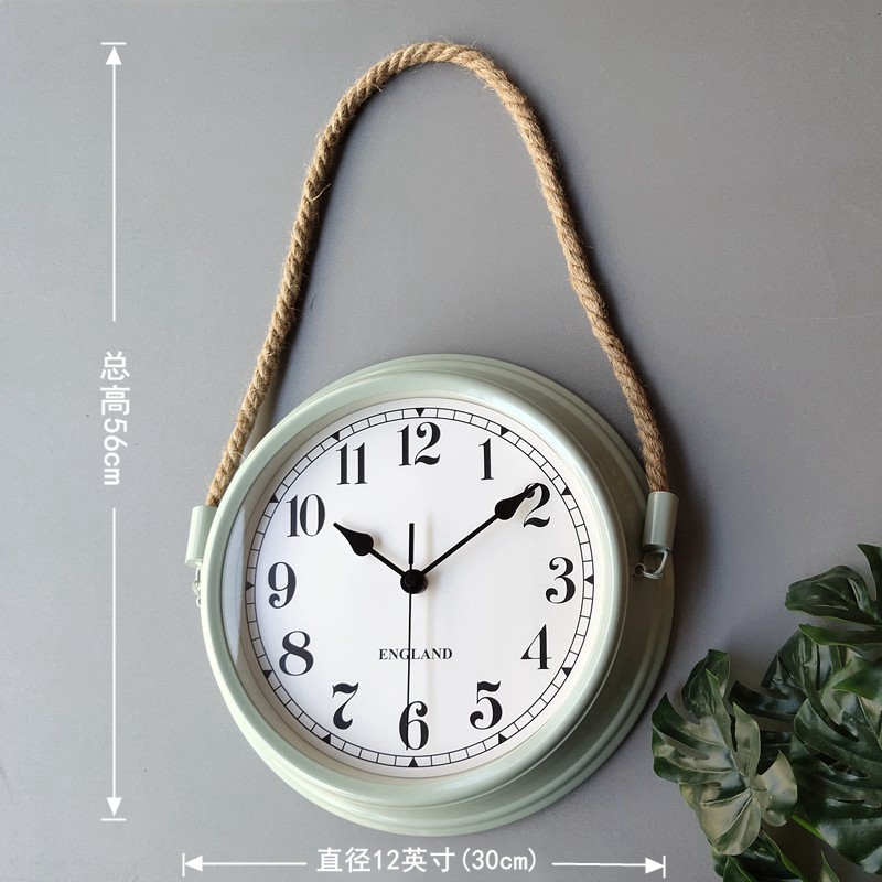 美式乡村麻绳挂钟客厅超静音金属时钟现代简约创意圆形挂墙钟表