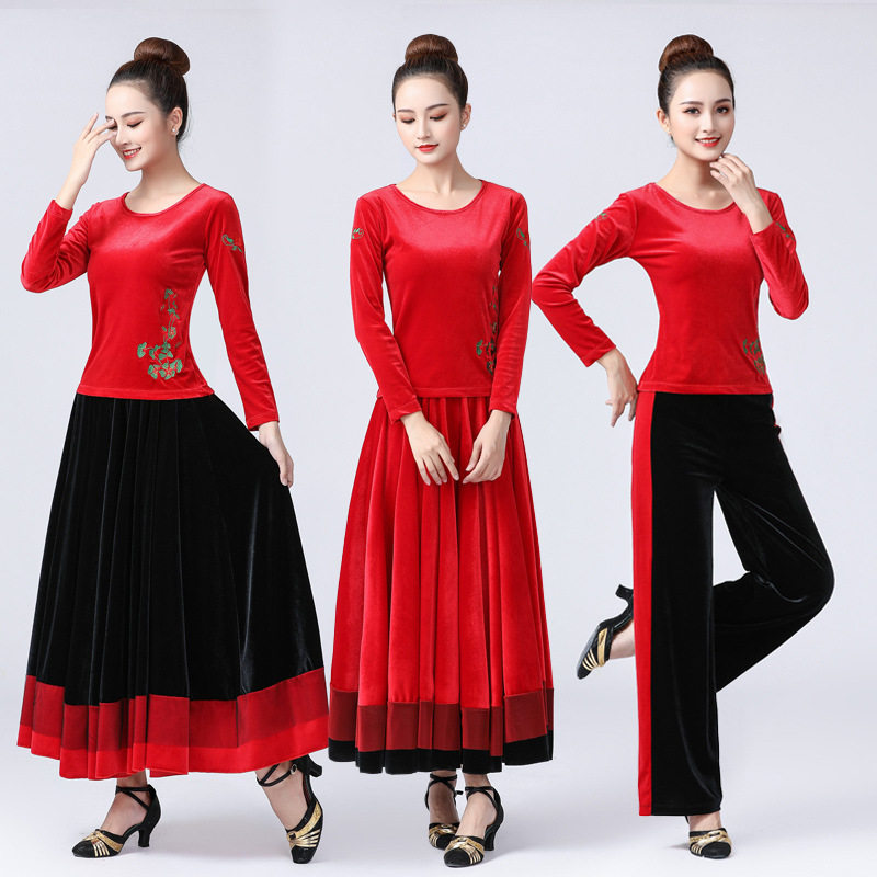 金丝绒广场舞套装新款女春季长袖长裙拉丁古典舞蹈演出表演练习服