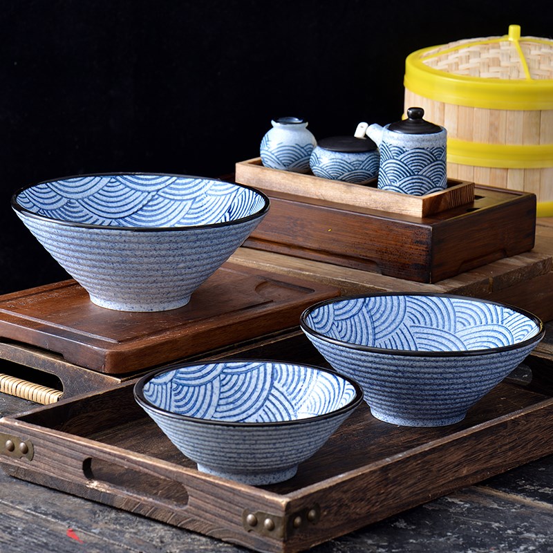 日式陶瓷青海波斗笠餐具7英寸9寸单个汤碗喇叭拉面碗日式家用瓷碗
