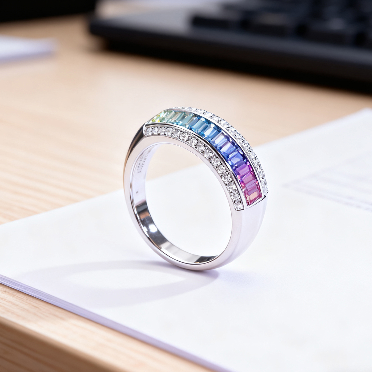 私意珠宝 18K金镶钻石0.84克拉天然彩蓝宝戒指时尚彩宝蓝宝石排戒