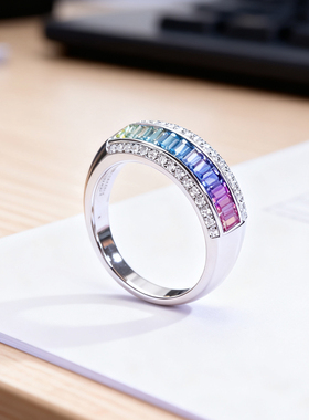 私意珠宝 18K金镶钻石0.84克拉天然彩蓝宝戒指时尚彩宝蓝宝石排戒