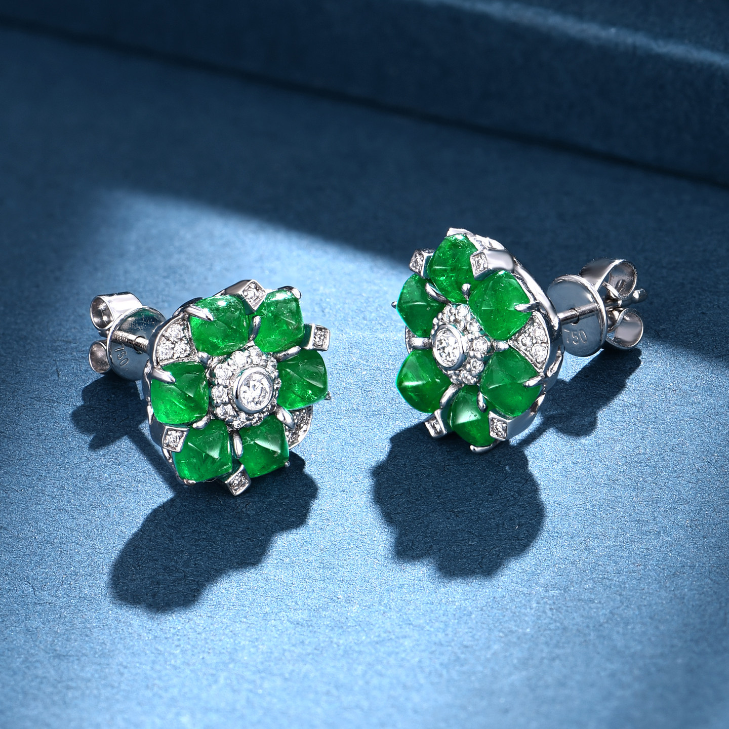 私意珠宝天然彩宝石祖母绿耳钉18K金镶钻石耳环黄金首饰定制