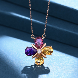 私意珠宝天然彩宝3克拉红碧玺吊坠18K金钻石黄紫水晶四叶草项链