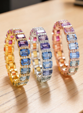 私意4.4克拉天然彩蓝石戒指18K黄金首饰钻石玫瑰白金紫色系切方糖