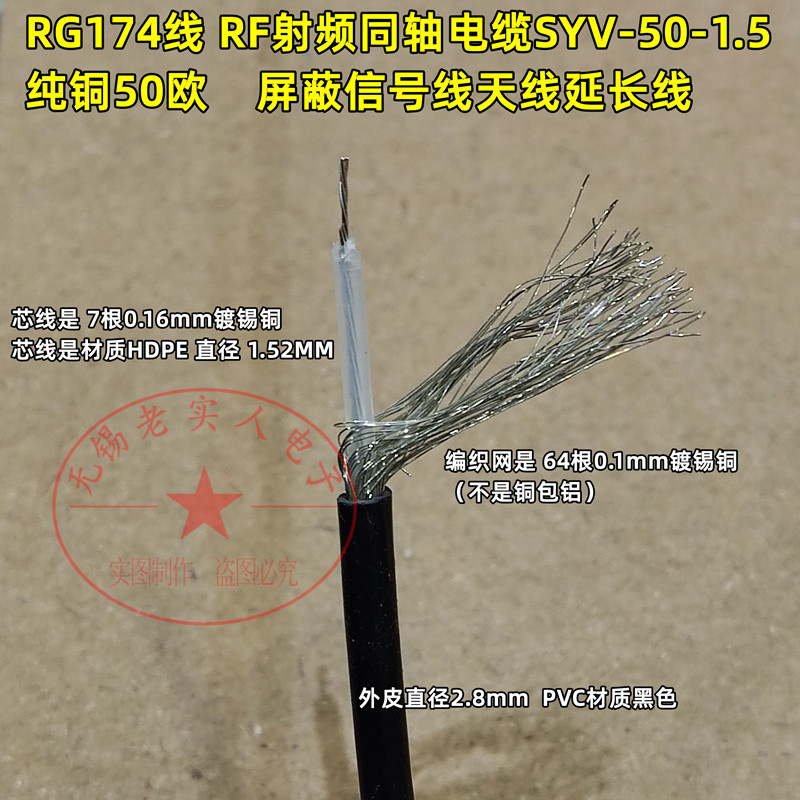 RG174线 RF射频同轴电缆SYV-50-1.5纯铜50欧屏蔽信号线天线延长线