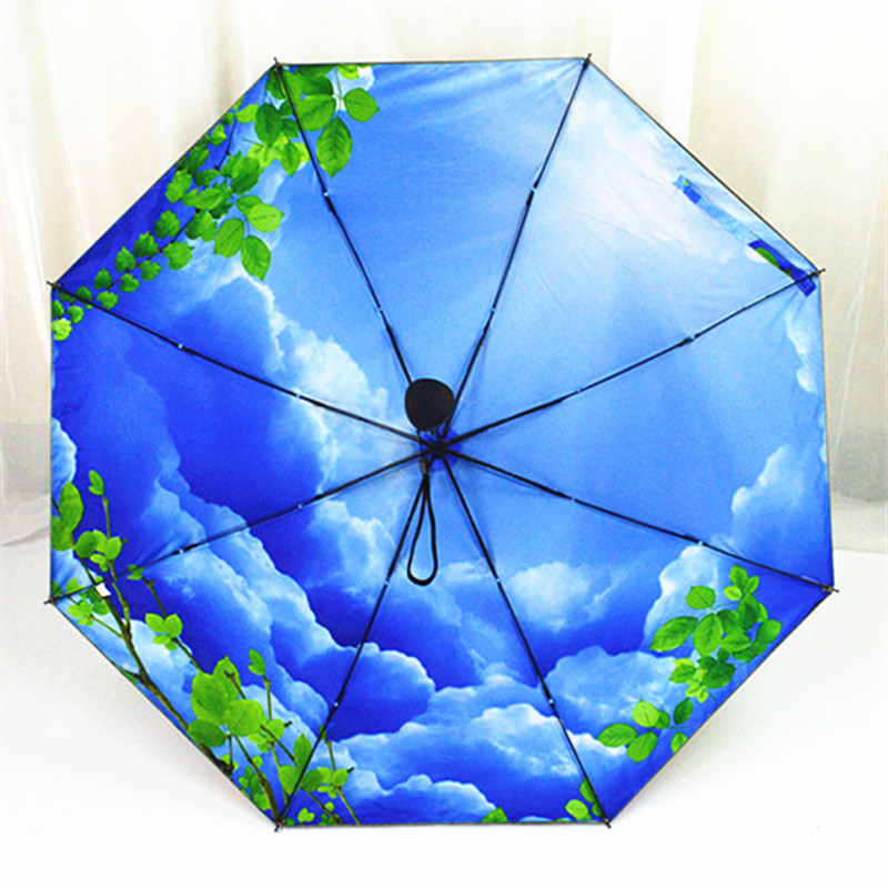 防紫外线黑胶遮阳伞女防晒伞三折叠蓝天白云双层太阳伞文艺晴雨伞