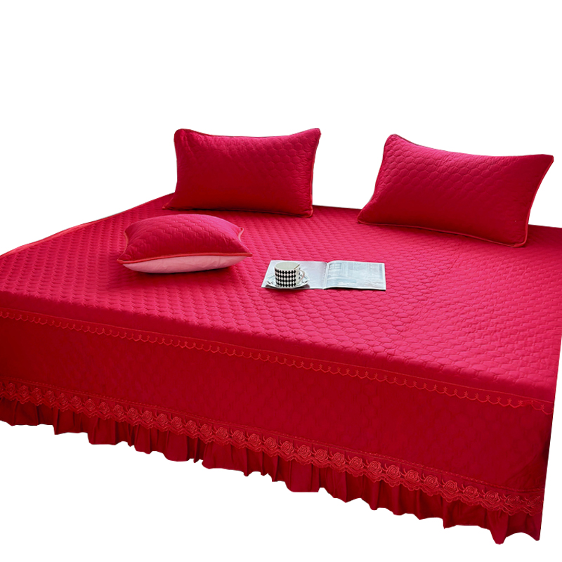 新款结婚榻榻米牀盖夹棉防滑大炕罩四季通用大红色婚庆牀单定制