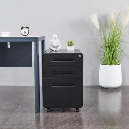 圆弧活动柜三抽屉钢制移动推柜储物柜带锁矮柜桌下柜彩色柜