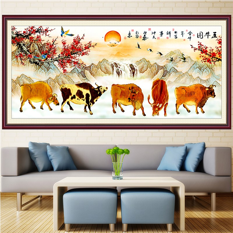 三羊开泰壁画客厅装饰画卧室房间风景沙发背景墙贴纸自粘画五牛图图片