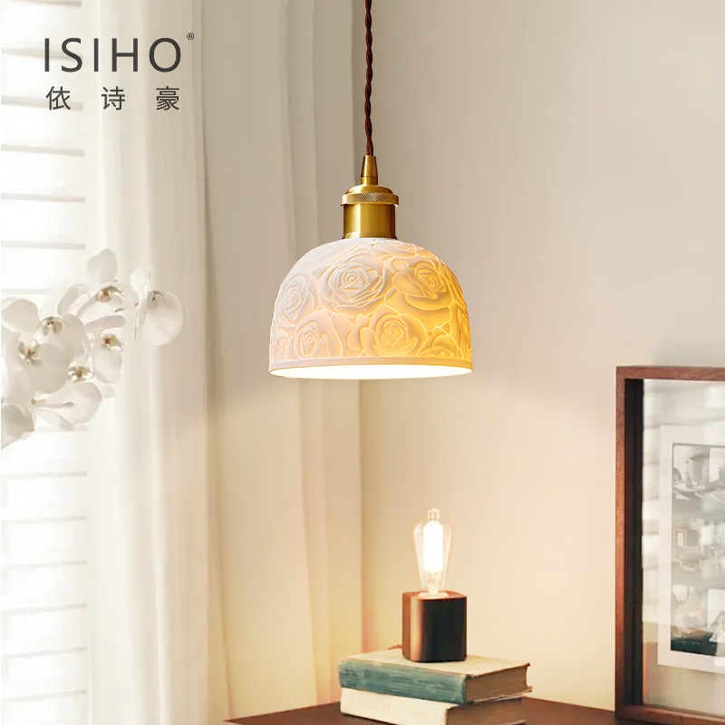 法式氛围装饰床头吊灯 中古主卧室小吊线灯玫瑰陶瓷鱼线吧台吊灯