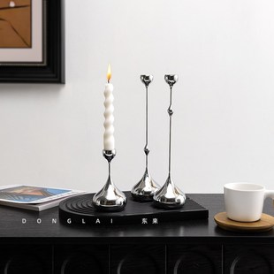 意式轻奢金属水滴银色烛台摆件样板间餐桌法式小众软装饰品