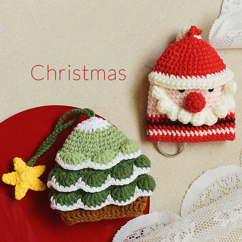 个性创意潮手工毛线钩织成品耶诞老人钥匙包抽拉式钥匙套礼物礼品