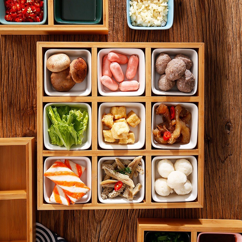 火锅九宫格餐具蔬菜小吃拼盘创意竹木分格托盘特色摆盘烤肉配菜盘