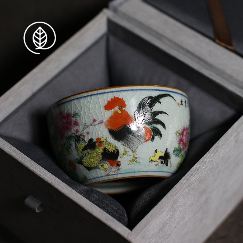 景德镇粉彩大吉大利卧足杯老陶泥开片可养主人杯茶杯陶瓷高档单杯