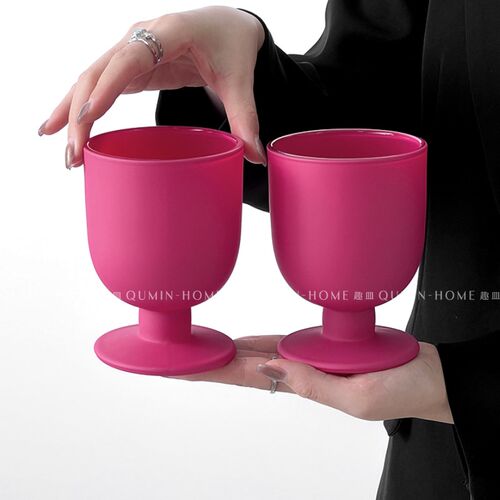 趣皿 复古玫紫胖乎玻璃杯女高颜值高脚杯ins风咖啡杯红酒杯子收藏