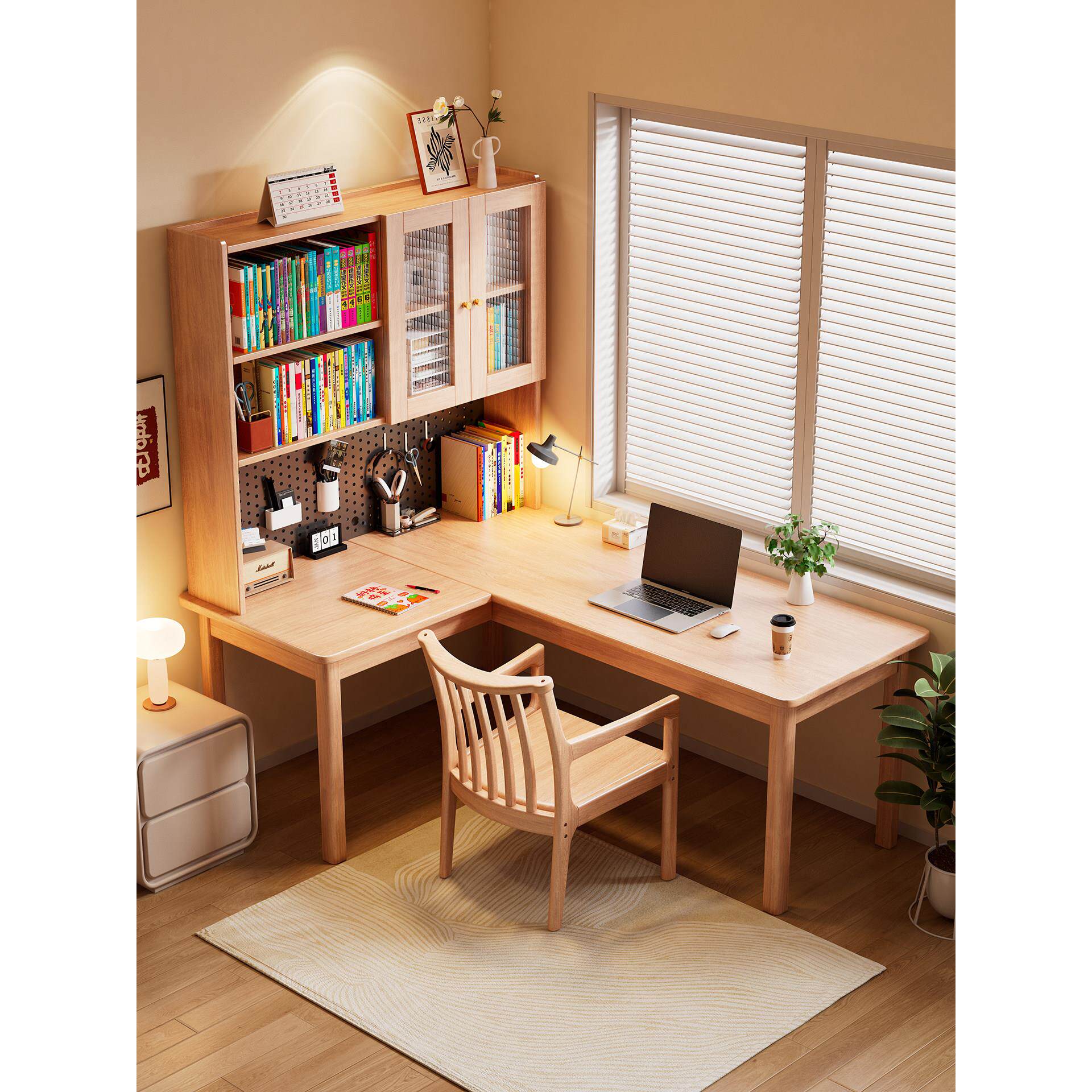 简约风实木转角书桌家用L型电脑桌洞洞板7字办公桌学生学习桌课桌