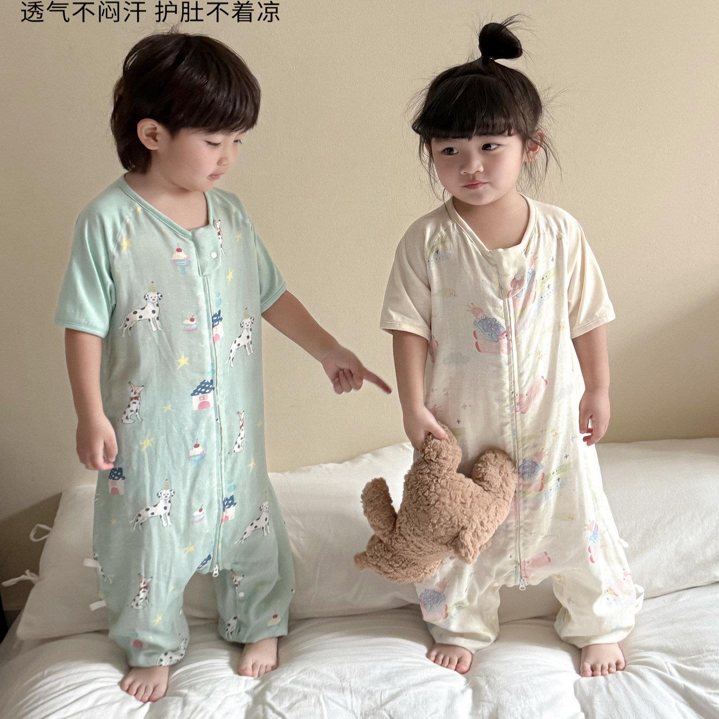 YKK拉链短袖双层竹棉纱布睡袋婴儿a类 宝宝儿童春夏季薄款防踢被