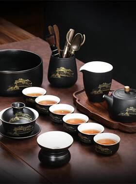 陶瓷茶具套装泡茶壶茶杯子粗陶黑杯具紫砂家用盖碗功夫喝茶办公室