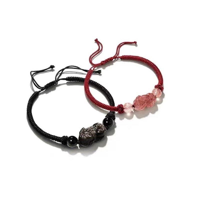 天然黑曜石草莓晶招财貔貅情侣男女款编织上岸手绳年红绳,家居饰品,玉雕,淘宝优惠券,粉丝福利购,淘宝优惠卷