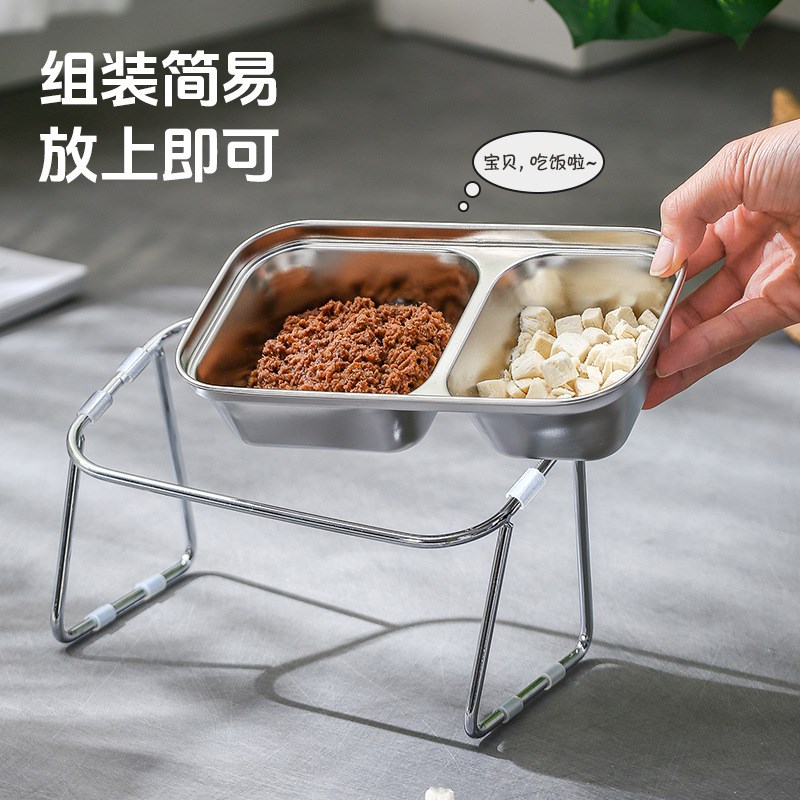 304不锈钢猫碗食盆喝水盆一体猫咪狗狗小型犬高脚宽斜口护颈双碗