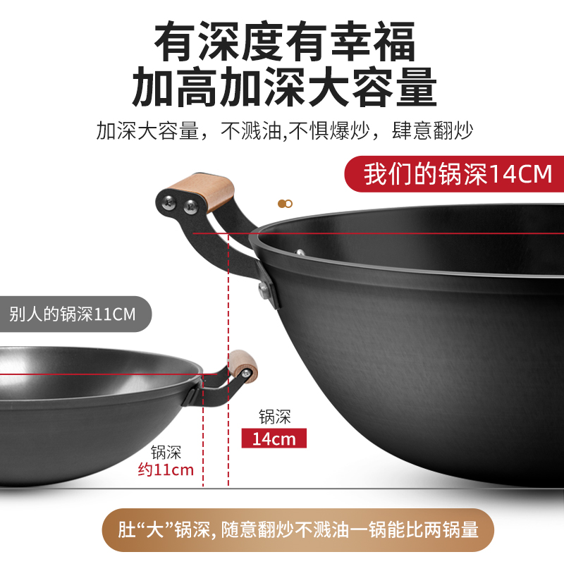 老式铸铁炒锅双耳铁锅加厚生铁大锅平底炒菜锅家用圆底电磁炉