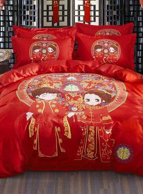 全棉婚庆床上用品纯棉床单被套四件套大红色结婚1.8m米新婚四件套