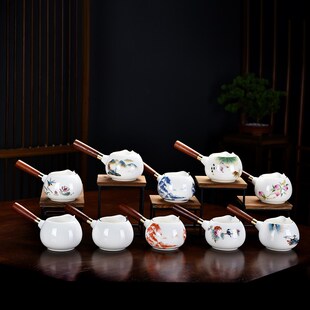羊脂玉侧把公道杯陶瓷手杯功夫茶具公海带茶把实木分茶器釉上彩