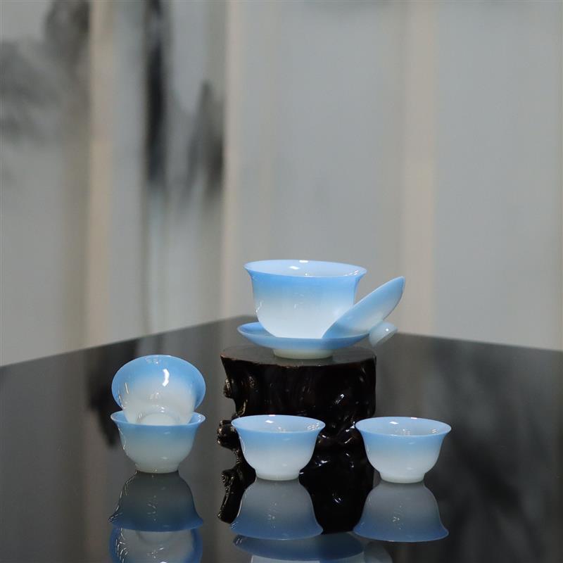 仙气新中式璞玉陶瓷冰种功夫茶具渐变色茶杯三才盖碗茶备套装热卖