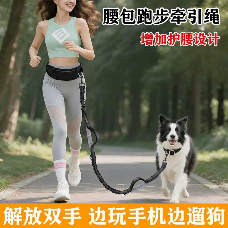 防爆冲跑步遛狗绳尼龙反光可伸缩运动腰包手牵狗炼牵引绳防挣脱