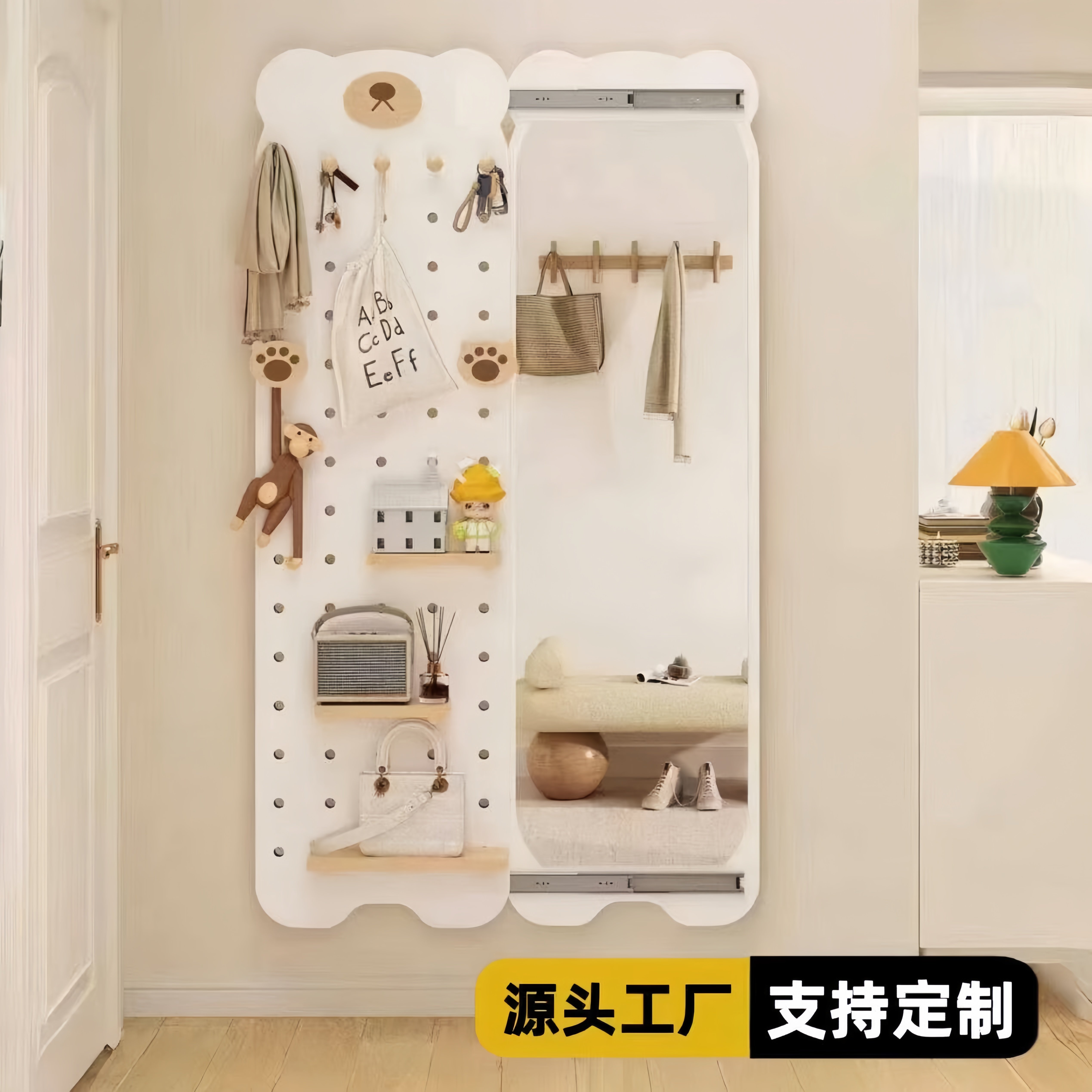 实木洞洞板全身镜一体门后置物架家用造型墙上全身镜入户玄关衣架