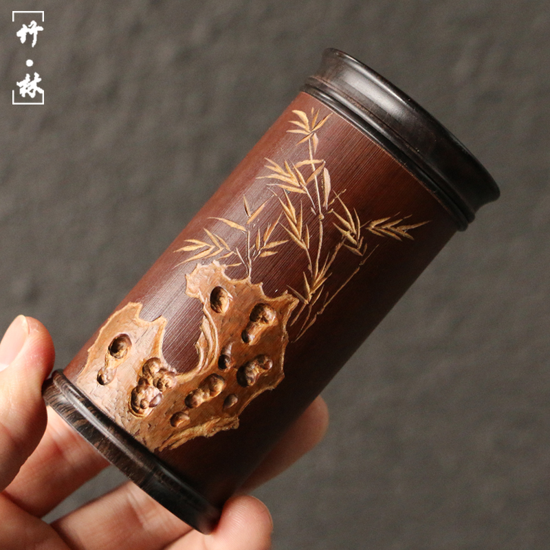 精品纯手工雕刻天然广西老煤竹茶叶罐式小号茶仓竹雕把玩送礼