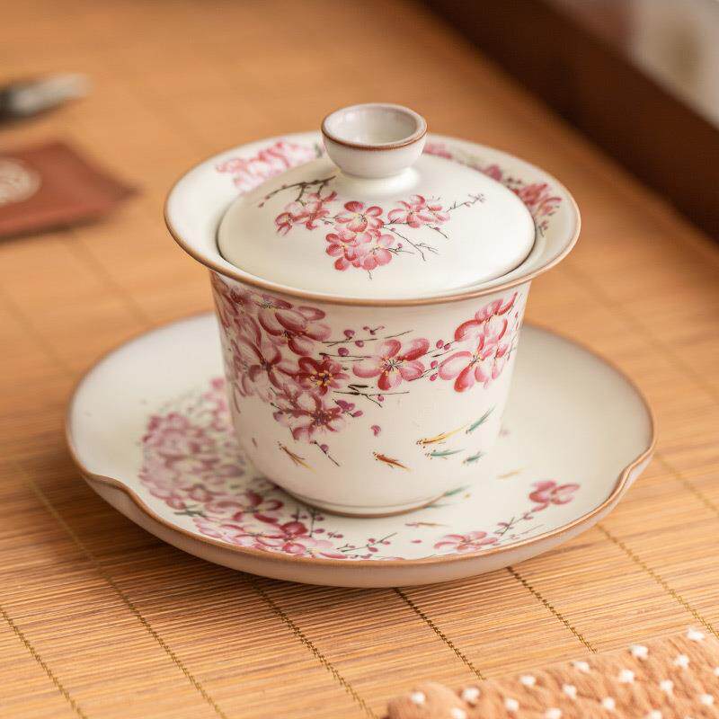 猪油冻梨花茶碗带盖单个高档三才盖碗不烫手女士茶具功夫泡茶碗