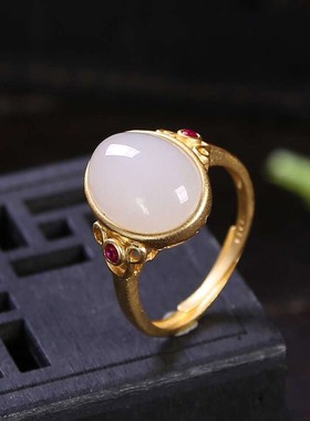 和田白玉戒指925银镶嵌蛋面女玉石戒指环活口送女友