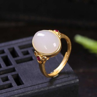 和田白玉戒指925银镶嵌蛋面女玉石戒指环活口送女友