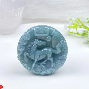 真品翡翠A货马上有钱玉吊坠蓝水翠玉生肖马玉佩玉石挂件男女玉坠