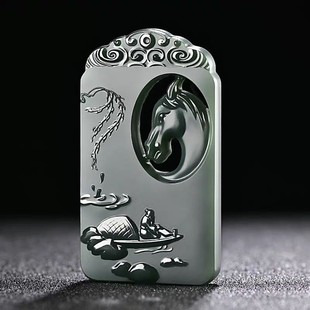 新疆和田玉青玉塔青马到成功玉牌吊坠男款生肖马玉佩玉器精雕挂件