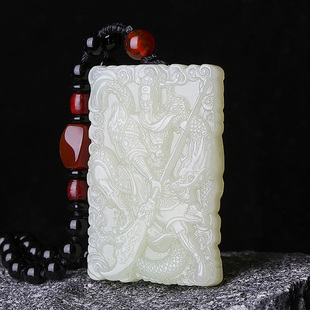 和田玉龙关公吊坠双面精雕玉石玉坠关二爷项链男士玉牌玉佩挂件