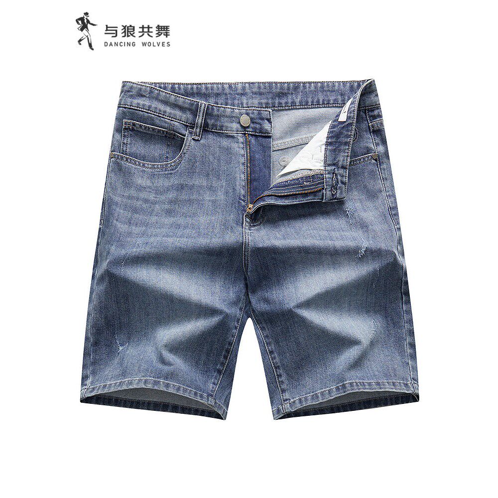 与狼共舞经典宽松水洗复古牛仔短裤男夏季男士弹力休闲直通五分裤