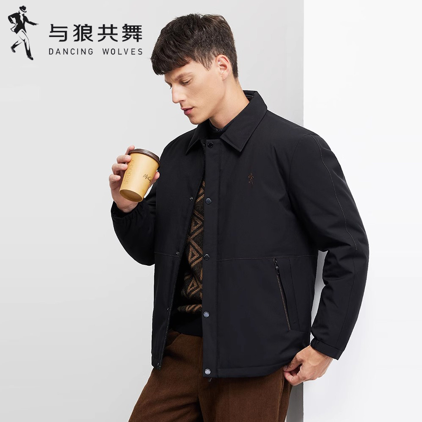 [90鸭绒]与狼共舞商务休闲羽绒服夹克男2025冬季新款翻领保暖外套