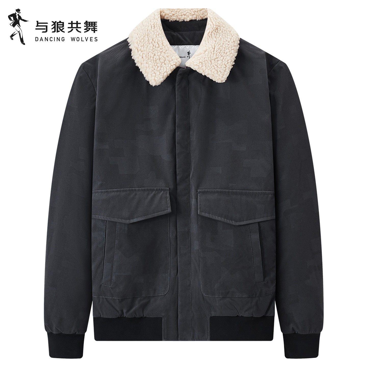 与狼共舞内里夹棉满印翻毛领夹克