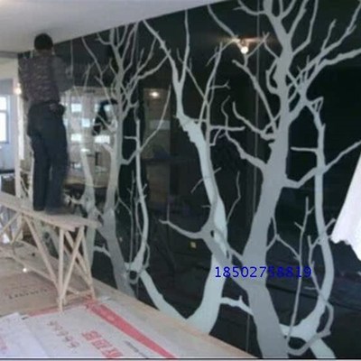 定做钢化艺术玻璃隔断走廊尽头背景墙发财树影婆娑黑底白树爱相拥