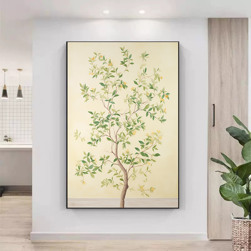 新中式奶油风客厅装饰画绿植树叶壁画中国风植物餐厅过道玄关挂画图片
