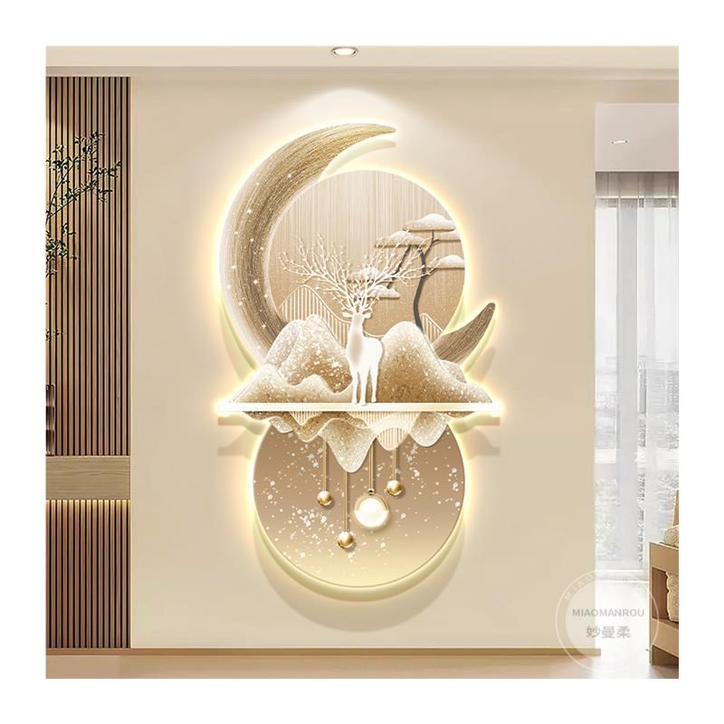 过道走廊高级福鹿挂画客厅简约发光壁灯画立体砂岩大气玄关装饰画图片