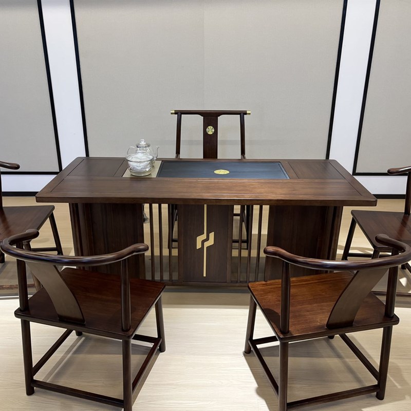 橡木实木新中式原木茶桌一体一整套简约家用大板整板办公室茶桌椅