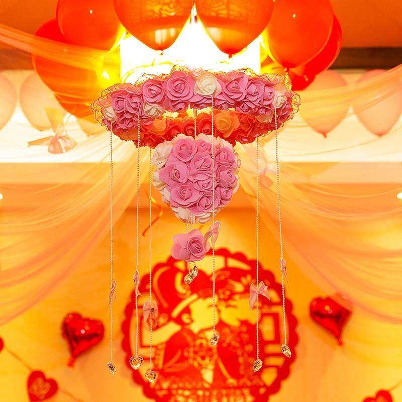 婚房浪漫装饰拉花创意中式婚礼新房客厅卧室爱心花球布置纱幔结婚