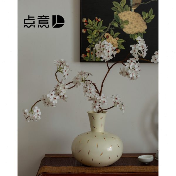 白色福禄双全花瓶美学软装金叶点缀摆件干花情绪稳定玄关摆台极简