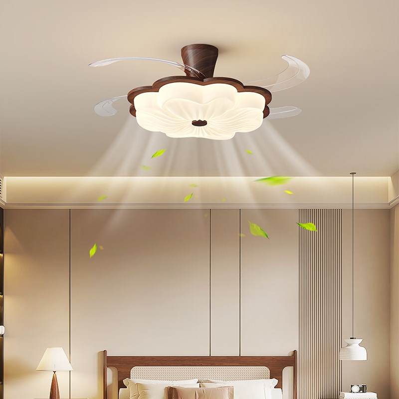 风扇灯北欧温馨创意奶油花朵中古风隐形电扇灯复古胡桃.木纹餐厅