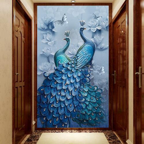 8d入户玄关孔雀墙布过道壁画18d立体麋鹿浮雕壁纸走廊背景墙壁布