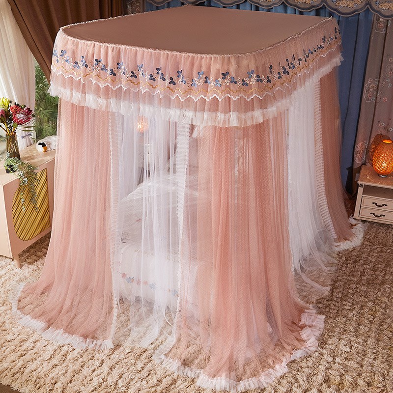 豪华双轨双层纱拉幕式蚊帐带防尘顶遮光床M幔导轨落地方帐挡空调